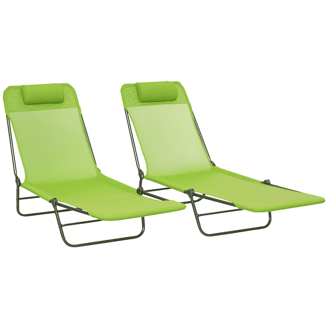 Outsunny Chaise Lounge Pliantes 2 Pcs, Chaises Inclinables pour Bronzage au Soleil en Vert, Conçues avec un Tissu en Maille Respirante et des Dossiers Réglables Offrant Cinq positions d'Inclinaison. Inclut des Coussins d'Appui-tête pour le Confort et un design Pliable et portable pour un transport Facile. Idéal pour une Utilisation Extérieure à la Plage, au Bord de la Piscine Ou pour les Sorties de camping.