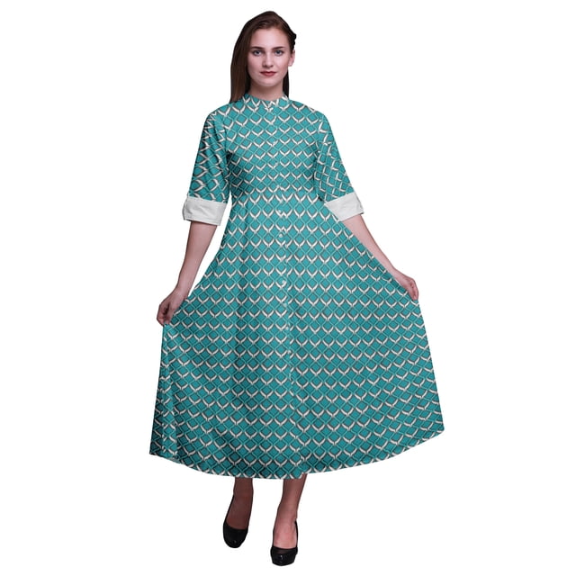 Bimba Robe Anarkali Ikat Turquoise Green2 pour Femmes, Kurti Imprimée Ethnique Indienne, Longue Kurta, Robe de Soirée, Moyen