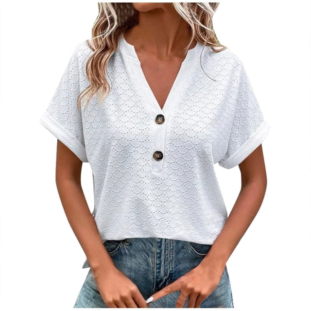 Dealovy Womesn Tops Summer Casual V Neck Buttons T-Shirts Short Sleeve Solid Color Loose Fitted Tees