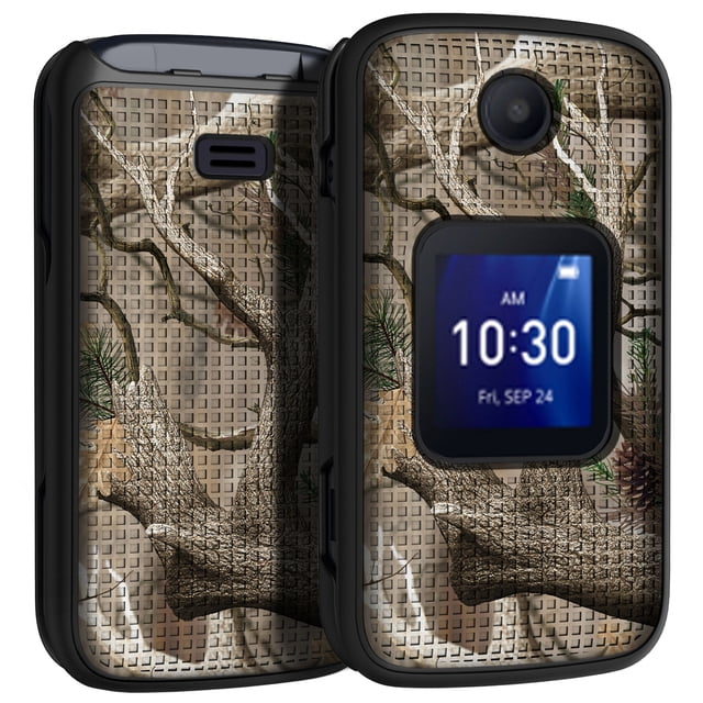 Case for Alcatel Go Flip 4 / TCL Flip Pro Phone by Nakedcellphone in outdoor camouflage design. Slim hard shell protector made of durable polycarbonate with grid texture and tree leaf real woods camo pattern. Compatible with T-Mobile, Sprint, Metro, US Cellular, Boost Mobile, Verizon, and Cricket models. Offers impact protection, matte powder coating for enhanced grip, and access to all buttons and ports while allowing the phone to flip open and closed.