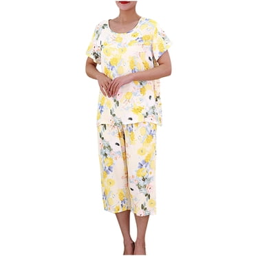 Pisexur Ensembles de Pyjama pour Femmes 2 Pcs, Chemises de Nuit en Coton à Imprimé Floral pour Femmes, Col Rond Décontracté, T-Shirts à Manches Courtes et Pantalons de Détente Longueur Genou, Pyjamas Grande Taille pour Femmes Ensemble TG-4TG
