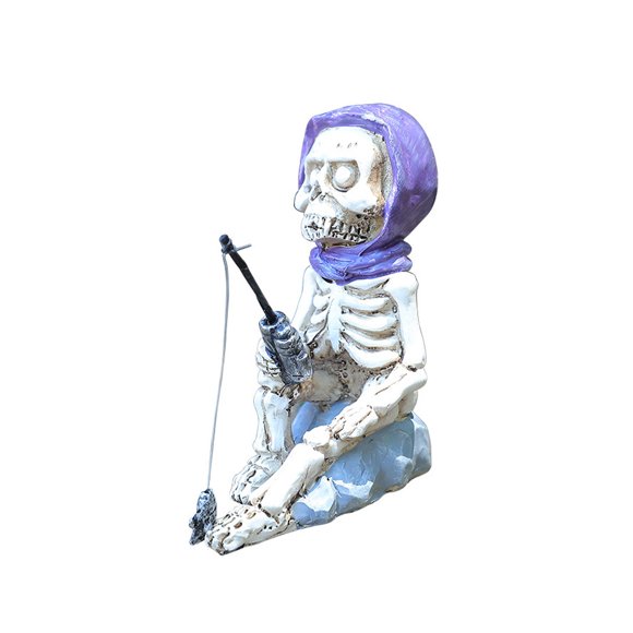 Resin Skeleton Fishing Figurine –4.33”Gothic Skeleton Garden Ornament, Spooky Fishing Statue for Halloween Yard Décor & Indoor Patio Accent, Funny Fishing Gift