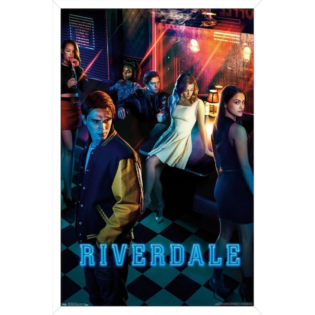 Riverdale - Key Art Wall Poster, 22.375" x 34", depicting a group of young adults in a retro diner with black and white checkered floor, neon blue 'RIVERDALE' text at the bottom, and dramatic red and blue lighting creating a moody atmosphere.