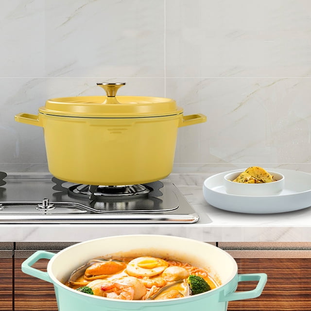 Enameled Dutch Oven, Round Dutch Oven Pot With Lid 9.4in Dia, shown in a vibrant yellow finish with dual handles and a matching lid. The pot is displayed on a stovetop, highlighting its compatibility with flame, induction, and electric ceramic stoves. A second image showcases a light green version of the pot filled with a hearty stew, emphasizing its use for braising, roasting, and bread baking. Made from ceramic and aluminum alloy, it features a non-stick enamel coating for easy cleaning and less oil usage.