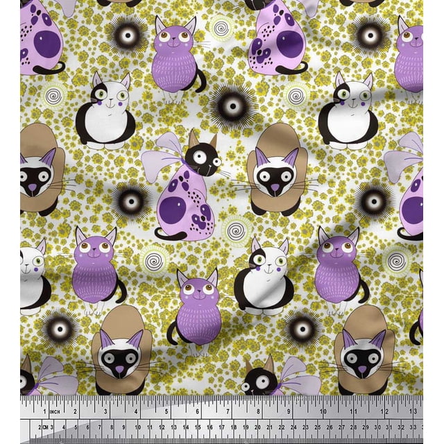 Soimoi Poly Georgette Fabric Spiral,Floral & Cat Cartoon Print Sewing Fabric Yard 52 Inch Wide