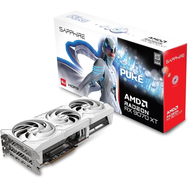 Sapphire 11348-02-20G Pure AMD Radeon™ RX 9070 XT Gaming OC Graphics Card with 16GB GDDR6, AMD RDNA 4 centered front-facing view showing triple axial fans, 'Sapphire' logo on a fan hub, black metal backplate, visible PCIe x16 connector and two 8-pin power inputs on the card's end, and brushed metal slot bracket on a plain studio background; suitable for installation in gaming or workstation PCs.