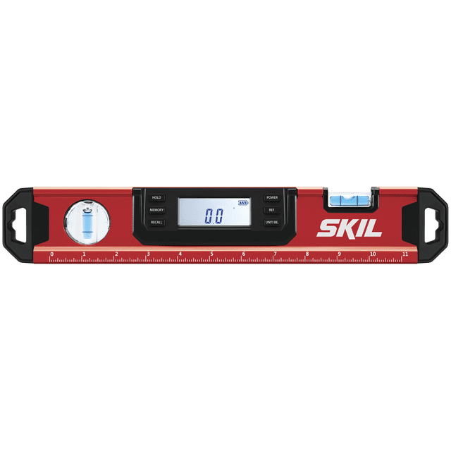 SKIL Niveau Numérique 12 Po, LV941801, Conçu pour les Projets de Bricolage et les Tâches d'Amélioration de la Maison. Comprend un Corps Rouge compact, des Fioles Bleues de Haute Précision pour le Nivellement vertical et horizontal, et un Écran LCD Numérique Rétroéclairé pour une Lecture Facile sous n'Importe Quel angle. Comprend des Boutons pour la Prise, la Mémoire, le Rappel et la Sélection d'Une Unité, avec un Bord Magnétique pour une Utilisation à une Main. les Marquages de Mesure Doubles en Pouces et en Centimètres Sont