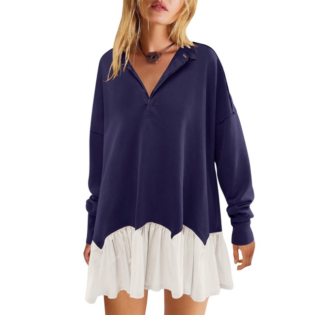 DPTALR Women's Fashionable Long Sleeved Button Up Collared Sweatshirt Dress
