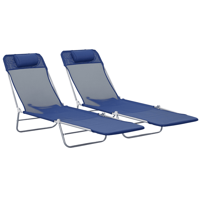 Outsunny Chaise Lounge Pliante 2 Pcs, Chaises Longues Inclinables pour Bronzage au Soleil en Bleu avec Cadres Gris Argenté. Ces Chaises Longues d'Extérieur Dotées d'Un Tissu en Maille Respirant, de Dossiers Réglables avec Cinq positions Inclinables et d'Oreillers pour le Confort Accru. Conçues pour la Plage, la Piscine Ou le camping, Elles Sont Pliables pour un transport Facile et Ont une Capacité de Charge de 264 Lb (120 kg) Chacune. la surface en Maille Sèche Rapidement, Ce Qui les Rend Idéales pour la Détente au Bord de l'Eau.