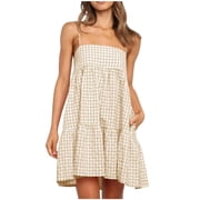 yoeyez Sun Dresses Women Summer Casual Plaid A-Line Mini Dresses Spaghetti Straps Ruffle Hem Sundress with Side Pocket Y2K Cute Flowy Dress Beige,L