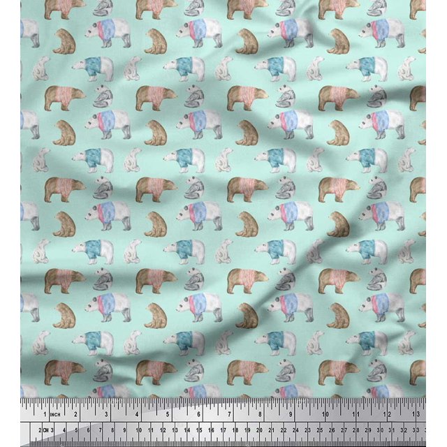 Soimoi Green Poly Georgette Fabric Bear Animal Fabric Prints By Yard 42 Inch Wide