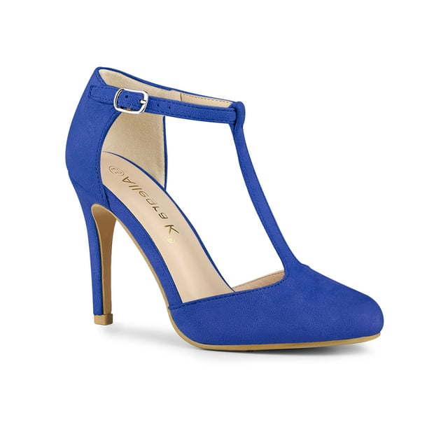 BLISSFUL STEP Chaussures pour Femmes Bout Rond Talon Aiguille Sandales à Bride en T Bleu Foncé 9
