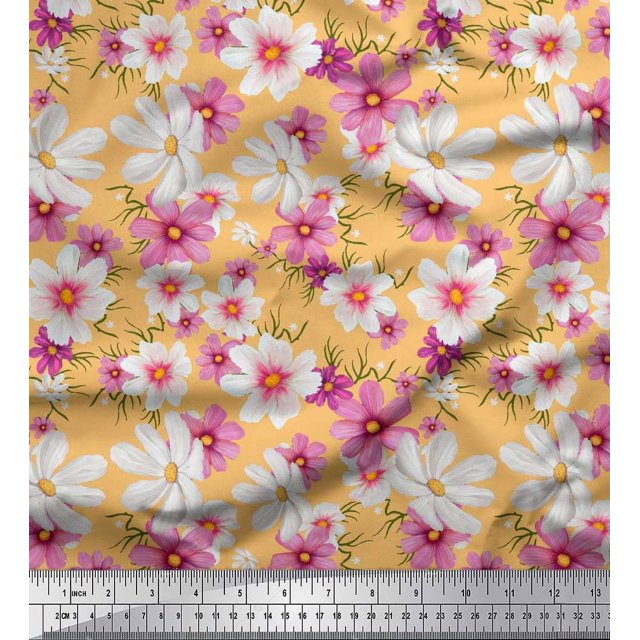 Soimoi Crepe Silk Fabric Cosmos Floral Print Sewing Fabric Yard 42 Inch Wide