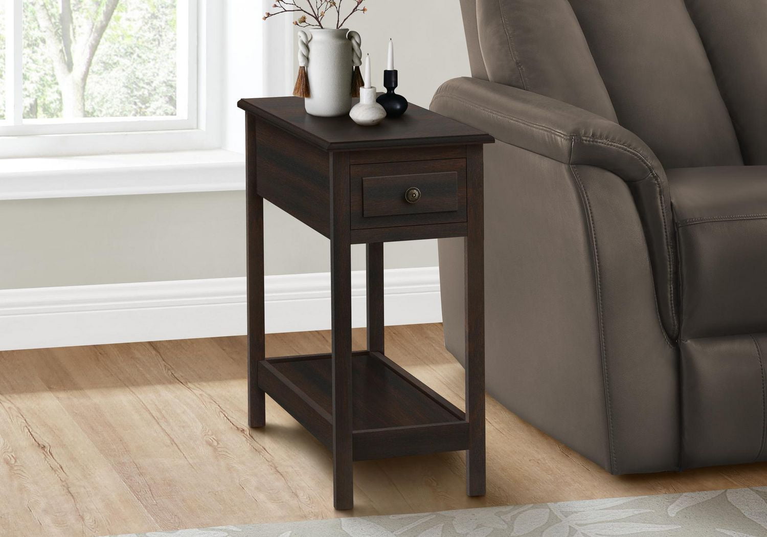 Monarch Specialties  Table D'appoint, 2 Niveaux, Bout, Table D'appoint, Étroit, Table De Nuit, Chambre À Coucher, Tiroir De Rangement, Lampe, Placage Brun, Transitionnel