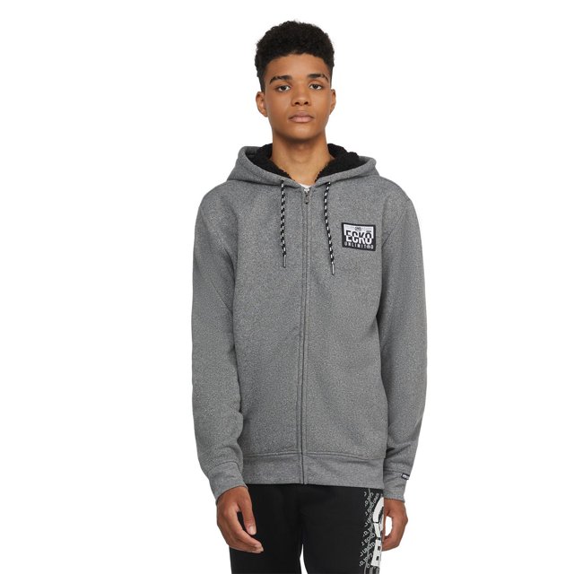 ECKO UNLTD Nomad Chandail à Capuchon Sherpa à Fermeture Éclair en Molleton de polyester Gris avec Fermeture Éclair Complète à l'Avant, Poignets et Ourlet Côtelés, Poches Passepoilées, Capuche à Cordon Noire et Blanche, et Écusson logo ECKO sur la Poitrine Supérieure Gauche, Idéal pour les Tenues Décontractées d'Automne.