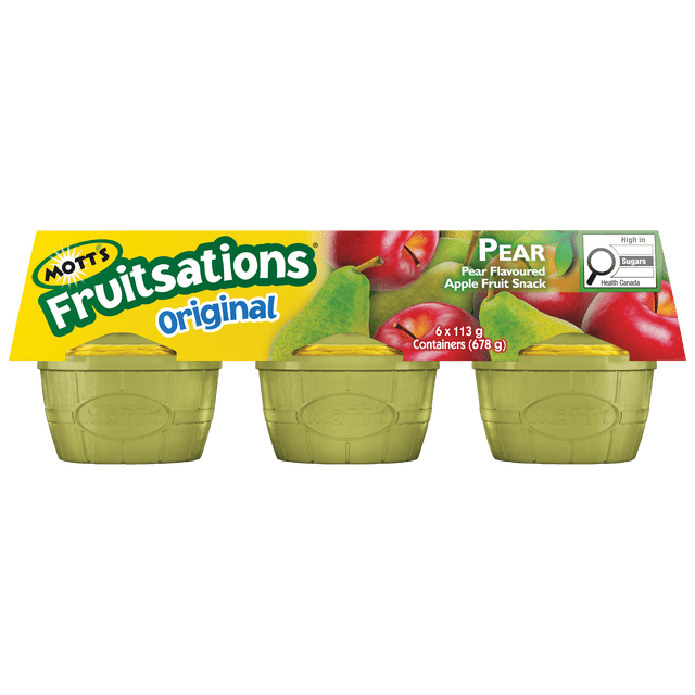 Mott’s Fruitsations Original Pear Apple Sauce six-pack with six 113 g containers, featuring pear-flavored apple fruit snack in yellow-lidded cups and a label showing pears and apples, noted as high in sugars by Health Canada.
