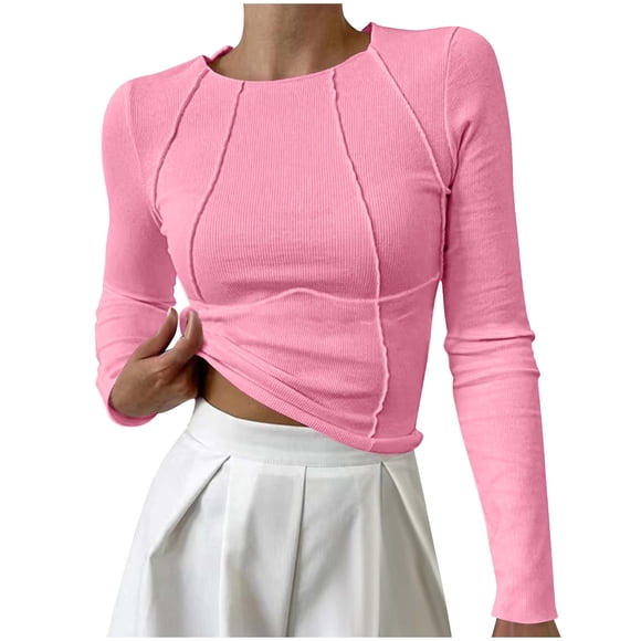 Timegard Crop Tops for Women Crew Neck Long Sleeve Slim Bottom Blouse Fall Casual Going out Shirts Tops