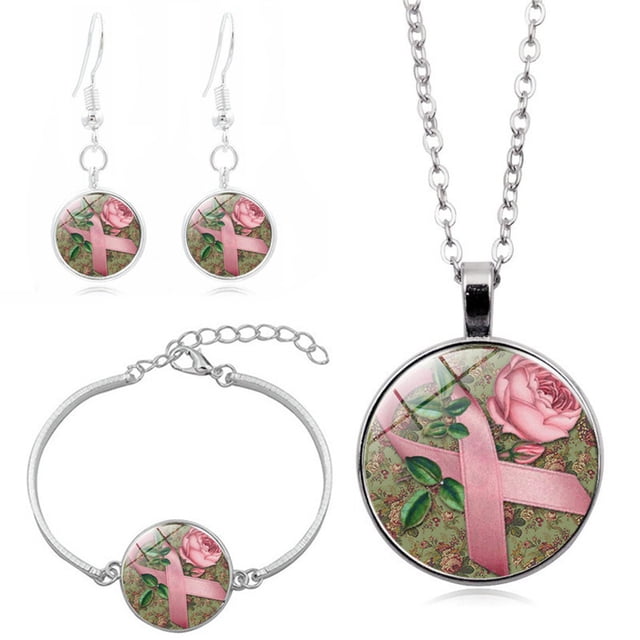WIFKLSIIPG Flying Angel Wing Ribbon Necklace Bracelet Earrings Set for Women Rose Flower Cancer Awareness Jewelry