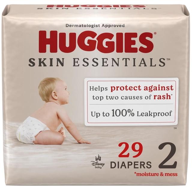 Huggies Skin Essentials Baby Couches pour Bébé Taille 2 pack avec 29 Couches, Mettant en Vedette un Bébé Qui Rampe Portant une Couche, Mettant en Évidence une protection jusqu'à 100 % Étanche et une Prévention des Éruptions contre l'Humidité et les Dégâts, Approuvé par des Dermatologues avec la Marque Disney.