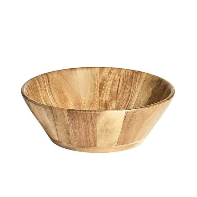 Better Homes & Gardens Acacia Wood Large Angled Bowl in natural finish, a round serving bowl with angled edges crafted from durable, moisture-resistant acacia wood, ideal for serving salads or displaying fruit in dining and entertaining settings, easy to clean with a damp cloth.
