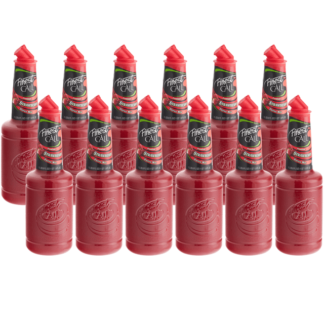 Finest Call Premium Strawberry Puree Mix - 1L bottles grouped together, ideal for cocktails, smoothies, and desserts. Each bottle is vibrant red with a branded label featuring strawberries and the Finest Call logo. The bottles include a pour spout and embossed branding, perfect for home or professional use.