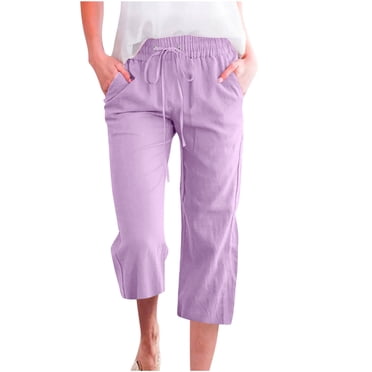 biudgviw Capri Pants for Women Plus Size Elastic High Waisted Straight Leg Cropped Cotton Linen Pants Summer Casual Trousers with Pockets