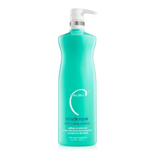 MALIBU C MIRACLE REPAIR W/COOLING MENTHOL 1L/33.8OZ centered, front-facing 1L bottle with visible product name and size; nutrient-packed repair formula for damaged hair, cooling menthol to invigorate dry scalps, and plant-based proteins with a botanical complex as noted in product specs; plain white studio background. Also often used as an intensive post-color repair treatment suitable for decanting when traveling.