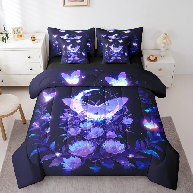 Erosebridal Lit Papillon Violet en Sac Taille Simple, Ensemble de Lit Floral Lotus Lune, Noir Violet, Réversible 7 Pcs 7 Pcs