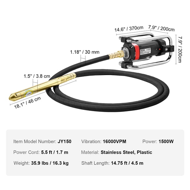 IMAYCC Vibrateur en Béton, 1500W Puissant Vibreur, Vibrateur à Bouteille Vibrante interne 4200 tr/min, avec Tige Vibrante 2M, pour la Construction en Béton de Routes, Tunnels, Ponts, Maisons, etc