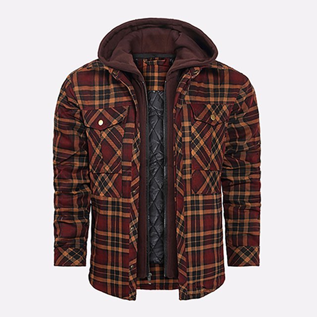 LOVZFMLL Jackets for Men's Winter Checkered With Button Pockets And Long Sleeved Hooded Casual Jacket