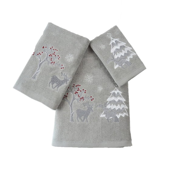 Marina Decoration Xmas Premium Luxury Decor Ultra Soft 100% Cotton Embroidered Bathroom Modern Christmas 3 Piece Towel Set, Silver Red White Color Silver Deer Pattern