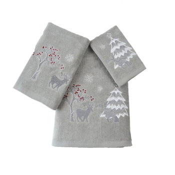 Marina Decoration Xmas Décor de Luxe Premium Ultra Doux 100 % Coton Brodé Salle de Bain Moderne Ensemble de Serviettes de Noël 3 Pcs, Couleur Argent Rouge Blanc Motif Cerf Argenté