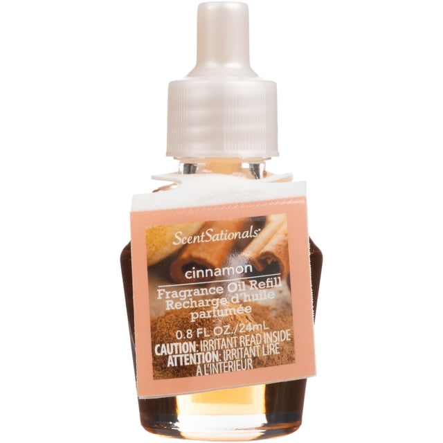 ScentSationals Huile Parfumée Charm - Recharge d'Huile Parfumée à la Cannelle dans une Bouteille en Verre Transparent avec un Bouchon en Plastique Blanc et une Étiquette Montrant des Bâtonnets et de la Poudre de Cannelle, Contenant 0,8 fl oz (24 ml) d'Huile à Utiliser avec les Diffuseurs de Désodorisant ScentSationals pour Créer un Parfum Chaleureux et Invitant.