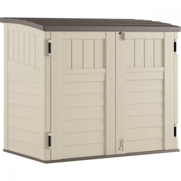 Suncast 34 Cu. ft. Resin Horizontal Storage Shed – Vanilla with Stoney Roof, Durable Multi-Wall Construction, 12 sq. ft. Outdoor Garden and Patio Organizer