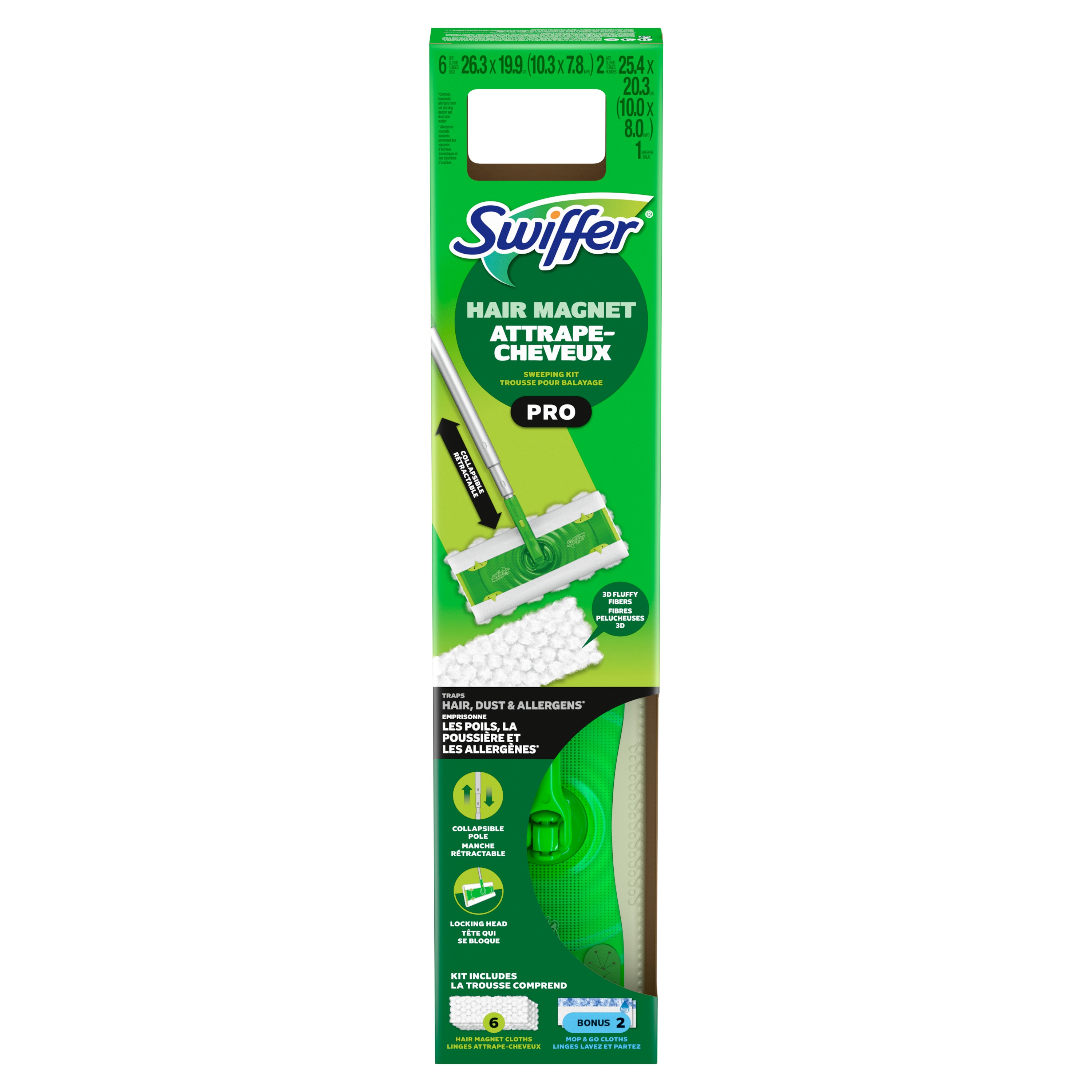 Swiffer Hair Magnet Pro Starter Kit with Collapsible Pole, 6 Hair Magnet Dry Cloths, 2 Bonus Mop & Go Wet Cloths