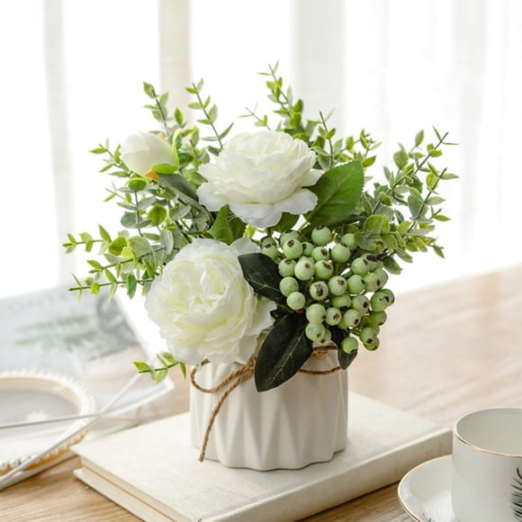 FcBaudy Home Decor, Artificial Rose Bouquet Silk Roses Potted Flowers With Small Ceramic Vase Fake Flower Decoration For Tables Home Party Office Kitchen Dining Room Wedding Plastics Potted Plants