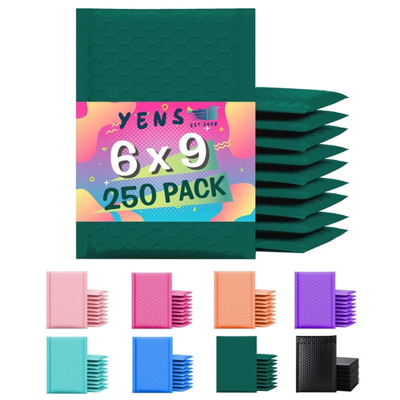 Yens Poly Bubble Mailers 6x10 250 Pack Green Waterproof Self Seal Adhesive Shipping Bags Cushioning Padded Envelopes for Shipping Mailing Packaging Usable 6x9