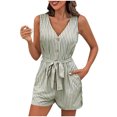 thumbnail image 1 of hotojiny Combinaison d'Été pour Femmes Décontractée Col en V Boutonnée Sans Manches Mode Rayée Ceinturée Tenue de Plage une Pièce, 1 of 6