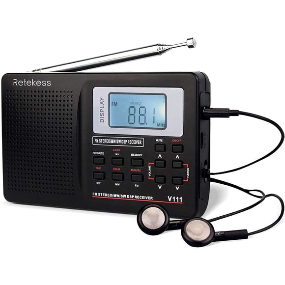Retekess V111 Portable Shortwave Radios, Digital Radio AM FM AA Battery Operated, Personal Radio with Favorite Key and Alarm Clock for Travel (Black)