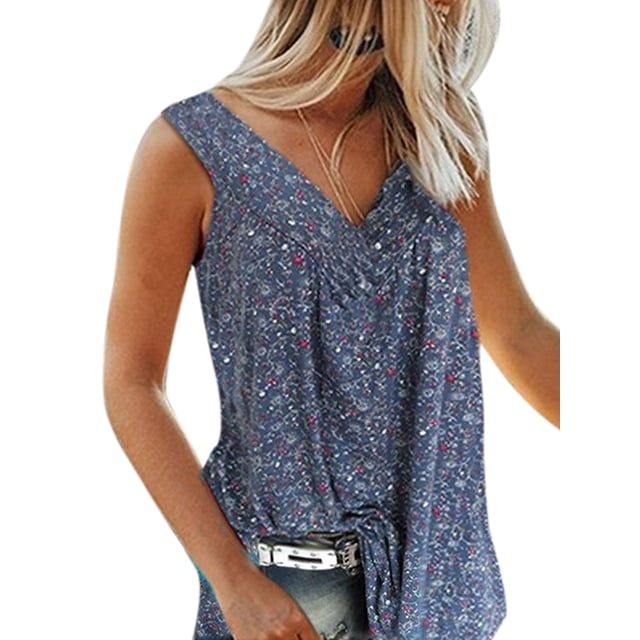 Innerwin Haut d'Été Col en V Débardeurs pour Femmes Imprimé Floral Boho T-Shirts Bleu Foncé S