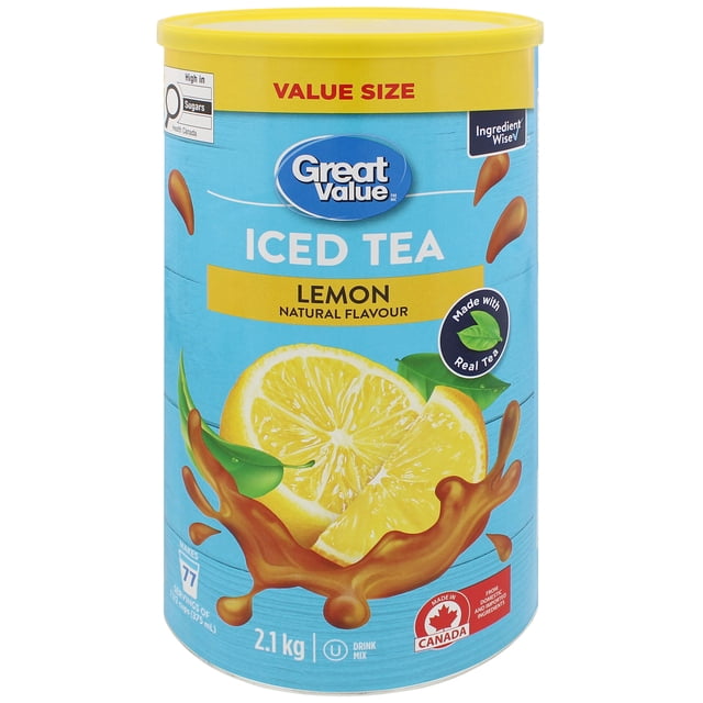 Great Value Lemon Iced Tea Drink Mix in a 2.1 kg value size container with yellow lid and blue label featuring lemon slices and tea splash, made with real tea and natural lemon flavour, kosher certified, made in Canada, suitable for refreshing cold drinks.