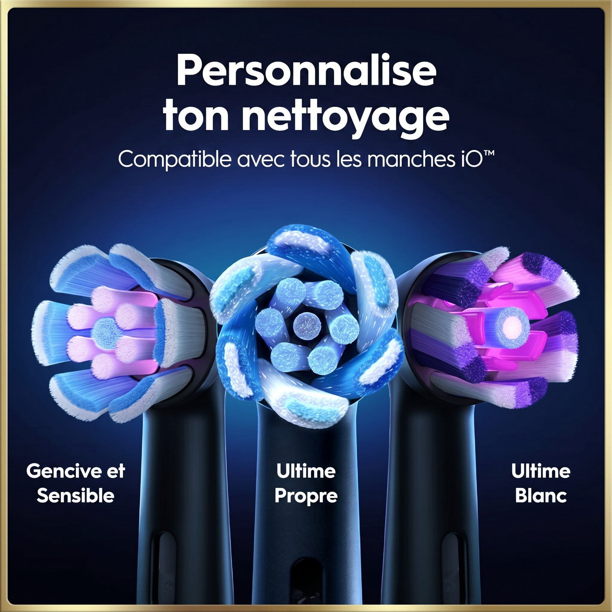 Brosse à dents électrique rechargeable Oral-B, iO9 Genius, 7 modes de nettoyage, écran interactif, étui de voyage avec chargeur intégré, détecteur de pression visible, 4 brossettes, bleu saphir