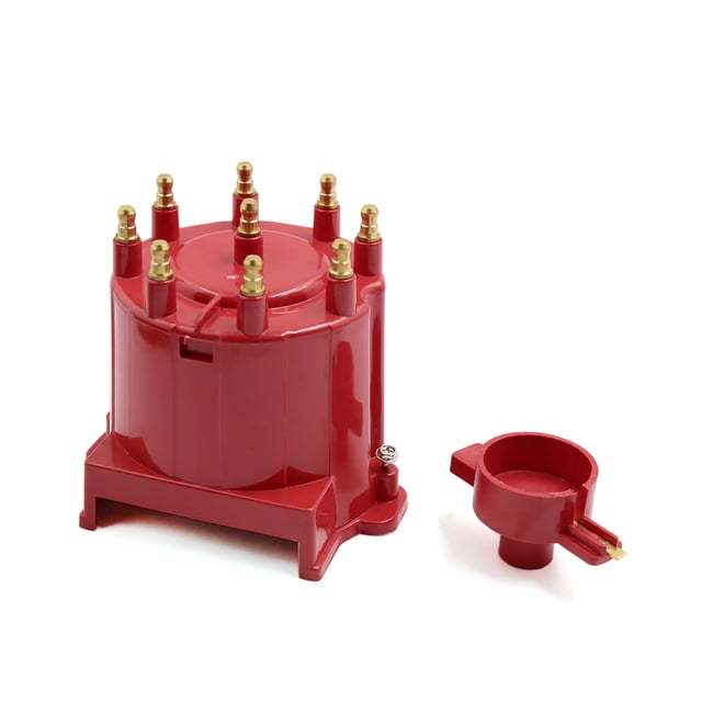 Unique Bargains MSD 8406 Ignition Distributor Cap and Rotor Kit External Coil for vehicles, featuring a red plastic and metal construction. The kit includes a distributor cap with multiple brass terminals and a matching rotor. Suitable for Chevrolet and GMC models such as Suburban, Tahoe, Yukon, and others with 8-cylinder engines from 1987 to 1996. Designed as a durable aftermarket replacement.