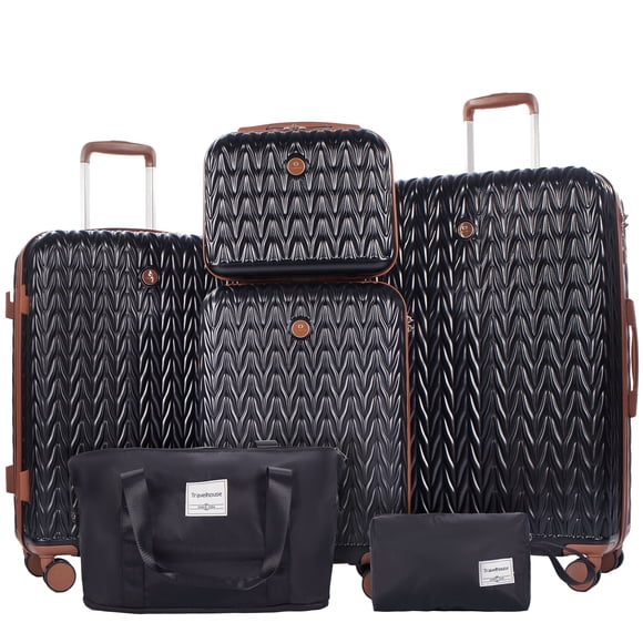 Travelhouse Ensemble de Bagages 6 Pcs Valise Rigide Cadenas TSA Roues Pivotantes 6 Pcs Hardshell Bagage avec Sac de Sport. (Noir)