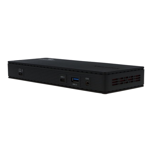 Visiontek VT4800 Station d'Accueil - Noir Montré dans une Vue de Profil 3/4 avec un Corps Rectangulaire Mince Noir Mat et des Fentes de ventilation Horizontales. le Panneau avant Comprend des ports USB-C 3.1, USB 3.0 et audio combo, Prenant en Charge USB-C et Thunderbolt 3 pour Connecter des Moniteurs Externes Doubles, la Recharge et le Transfert de Données avec power delivery.