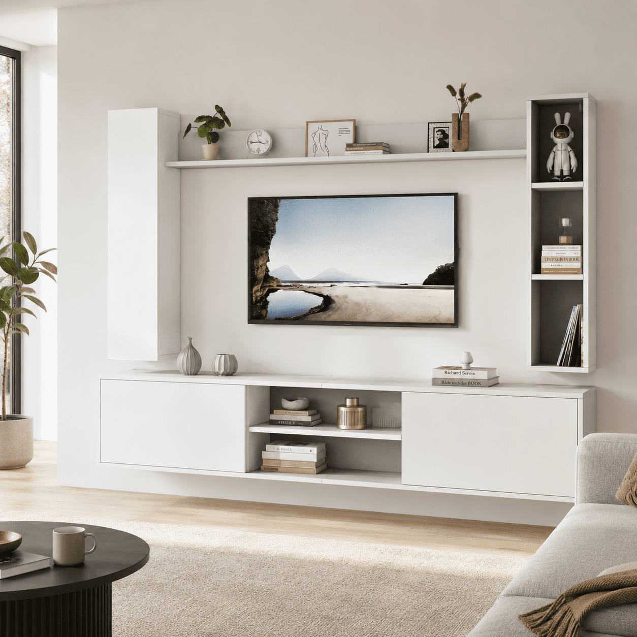 Homy Casa Modular White Entertainment Center with TV Console, 2 Display Cabinets and Wall Shelf