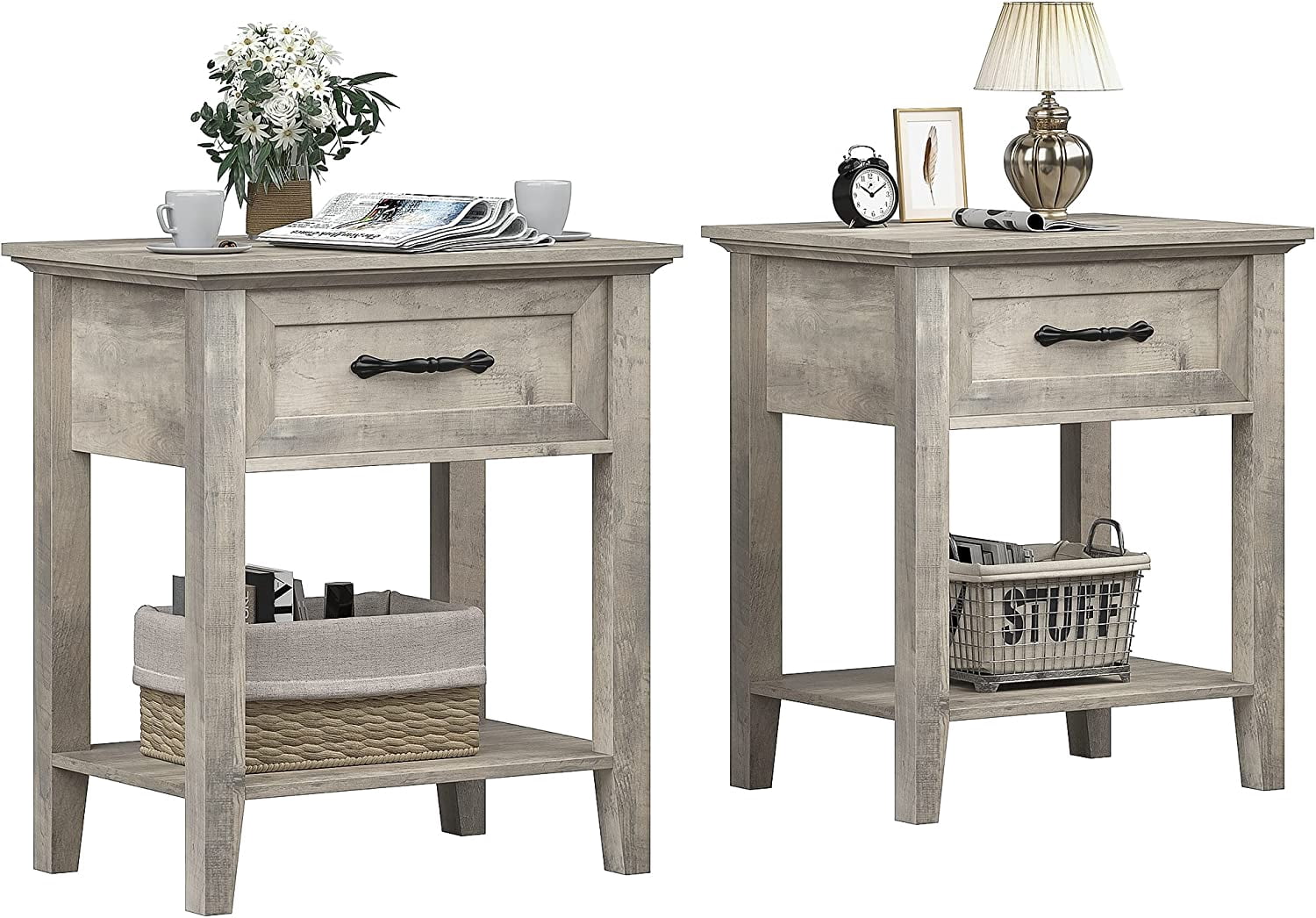 End Table with Drawer, Nightstands for Living Room, Side Table for Study Room, 2 Tiers Storage Shelves Bedside Table for Bedroom, Dorm, 2pcs-Gray