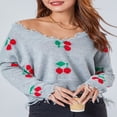 thumbnail image 4 of Pull-over à Pompons Cerisiers/plaids pour Femmes avec Col en V et Manches Longues, 4 of 9