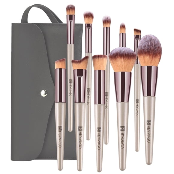 HEYMKGO Makeup Brushes , Conical Handle Professional Premium Synthetic Makeup Brush Set Kit With Case Bag for Blending Foundation Powder Blush Eyeshadow 10 Count Champagne Gold Xmas Gift