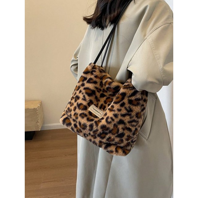 Women's Winter Plush Simple Large Pocket Shoulder Bag, Leopard Print Fashionable Handbag